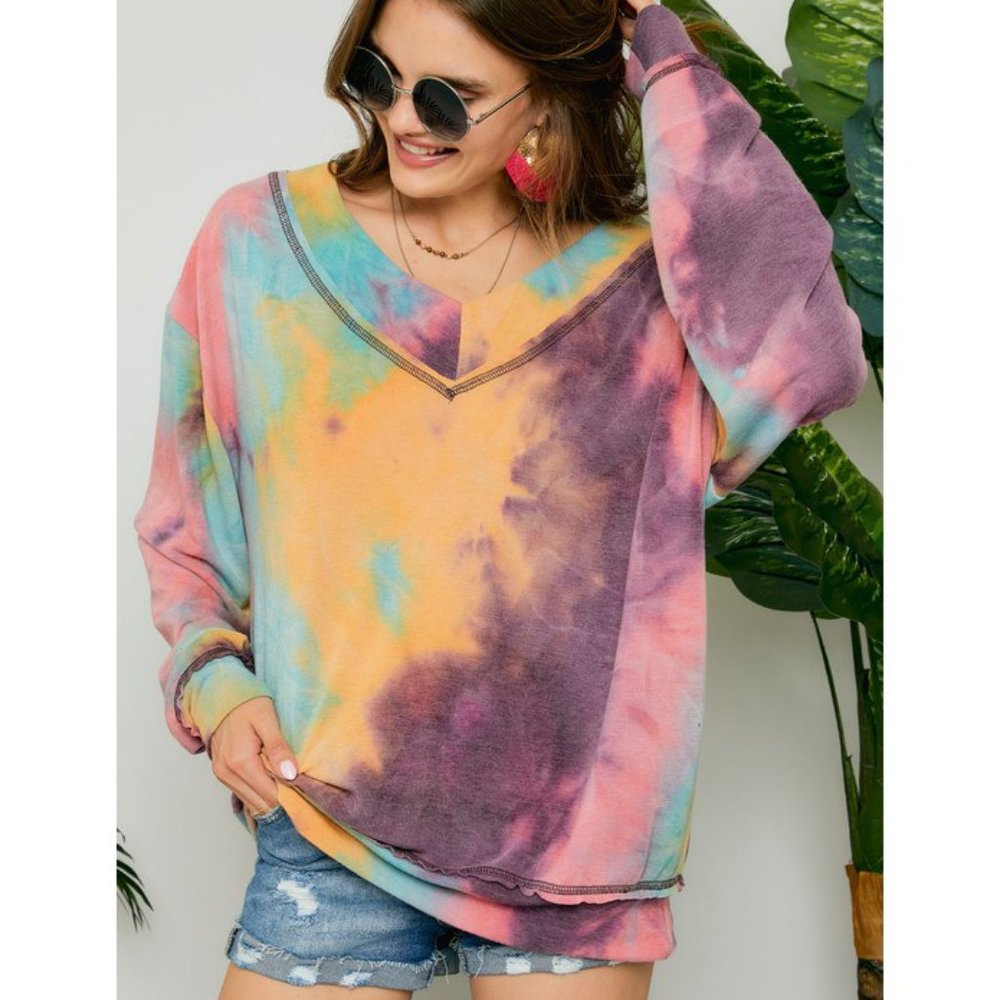 Tie Dye Oversized Big V-Neck Top - Picture 6 of 6